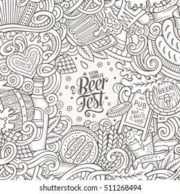 Cartoon cute doodles hand drawn Beer frame design. Line art detailed, with lots of objects background. Funny vector illustration.
