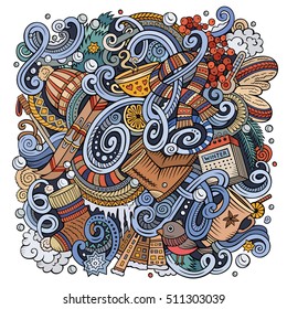 Cartoon cute doodles hand drawn Winter season illustration. Colorful detailed, with lots of objects background. Funny vector artwork. Bright colors picture