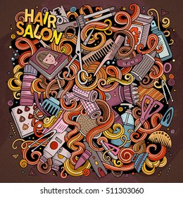 Cartoon cute doodles hand drawn Hair salon illustration. Colorful detailed, with lots of objects background. Funny vector artwork. Bright colors picture with barber shop items