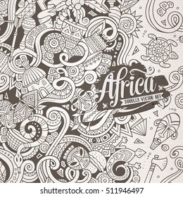 Cartoon cute doodles hand drawn Africa frame design. Line art detailed, with lots of objects background. Funny vector illustration. Sketch border with african items