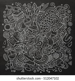 Cartoon cute doodles hand drawn Science illustration. Chalkboard detailed, with lots of objects background. Funny vector artwork
