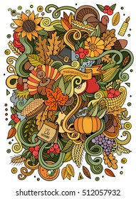 Cartoon cute doodles hand drawn Thanksgiving illustration. Colorful detailed, with lots of objects background. Funny vector artwork