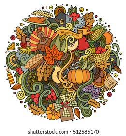 Cartoon cute doodles hand drawn Thanksgiving illustration. Colorful detailed, with lots of objects background. Funny vector artwork