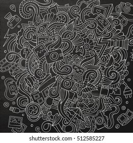 Cartoon cute doodles hand drawn Photo illustration. Chalkboard detailed, with lots of objects background. Funny vector artwork