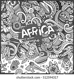 Cartoon cute doodles hand drawn Africa frame design. Line art detailed, with lots of objects background. Funny vector illustration. Sketch border with african items