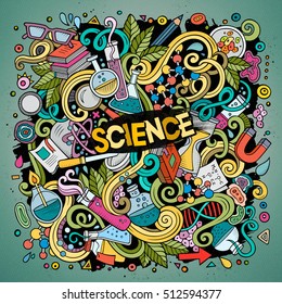 Cartoon cute doodles hand drawn Science illustration. Colorful detailed, with lots of objects background. Funny vector artwork