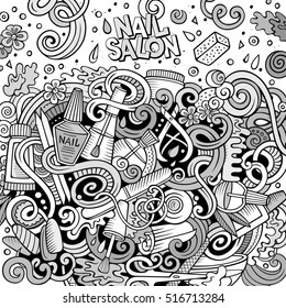 Cartoon cute doodles hand drawn Nail salon frame design. Sketchy detailed, with lots of objects background. Funny vector illustration. Line art border with Manicure items