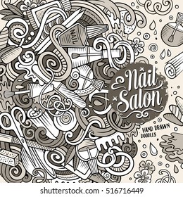 Cartoon cute doodles hand drawn Nail salon frame design. Sketchy detailed, with lots of objects background. Funny vector illustration. Line art border with Manicure items