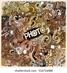 Cartoon cute doodles hand drawn Photo illustration. Watercolor detailed, with lots of objects background. Funny vector artwork
