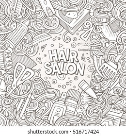 Cartoon cute doodles hand drawn Hair salon frame design. Line art detailed, with lots of objects background. Funny vector illustration. Sketchy border with Barber shop items