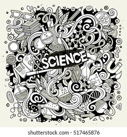 Cartoon cute doodles hand drawn Science illustration. Sketchy detailed, with lots of objects background. Funny vector artwork