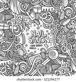 Cartoon cute doodles hand drawn Nail salon frame design. Sketchy detailed, with lots of objects background. Funny vector illustration. Line art border with Manicure items