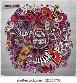 Cartoon cute doodles hand drawn Music illustration. Colorful detailed, with lots of objects background. Funny vector grunge artwork