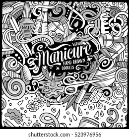 Cartoon cute doodles hand drawn Nail salon frame design. Sketchy detailed, with lots of objects background. Funny vector illustration. Line art border with Manicure items