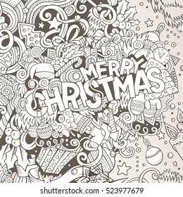Cartoon cute doodles hand drawn Merry Christmas illustration. Picture with New Year theme items. Doodle inscription 2017. Line art detailed, with lots of objects background. Funny vector artwork.
