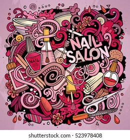 Cartoon cute doodles hand drawn Nail salon illustration. Colorful detailed, with lots of objects background. Funny vector artwork. Bright colors picture with Manicure theme items