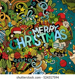 Cartoon cute doodles hand drawn Merry Christmas illustration. Picture with New Year theme items. Doodle inscription 2017. Colorful detailed, with lots of objects background. Funny vector artwork.