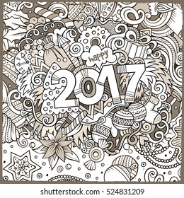 Cartoon cute doodles hand drawn New Year illustration. Picture with New Year theme items. Doodle inscription 2017. Line art detailed, with lots of objects background. Funny vector artwork.