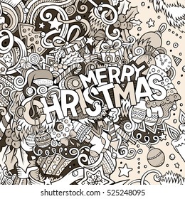 Cartoon cute doodles hand drawn Merry Christmas illustration. Picture with New Year theme items. Doodle inscription 2017. Line art detailed, with lots of objects background. Funny vector artwork.