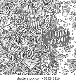 Cartoon cute doodles hand drawn Winter season frame design. Line art detailed, with lots of objects background. Funny vector illustration