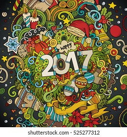 Cartoon cute doodles hand drawn New Year illustration. Picture with New Year theme items. Doodle inscription 2017. Colorful detailed, with lots of objects background. Funny vector artwork.