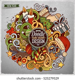 Cartoon cute doodles hand drawn New Year illustration. Colorful detailed, with lots of objects background. Funny vector grunge artwork