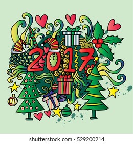 Cartoon cute doodles hand drawn 2017 year illustration. 
