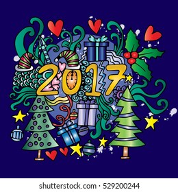 Cartoon cute doodles hand drawn 2017 year illustration. 
