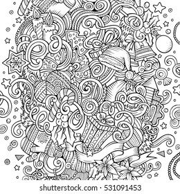 Cartoon cute doodles hand drawn New Year illustration. Line art detailed, with lots of objects background. Funny vector artwork