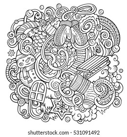 Cartoon cute doodles hand drawn Winter season illustration. Line art detailed, with lots of objects background. Funny vector artwork
