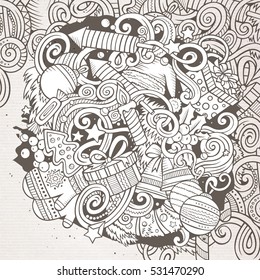 Cartoon cute doodles hand drawn New Year illustration. Line art detailed, with lots of objects background. Funny vector artwork