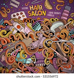 Cartoon cute doodles hand drawn Hair salon frame design. Colorful detailed, with lots of objects background. Funny vector illustration. Bright colors border with Barber shop items