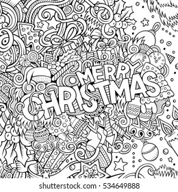 Cartoon cute doodles hand drawn Merry Christmas illustration. Picture with New Year theme items. Line art detailed, with lots of objects background. Funny vector artwork.