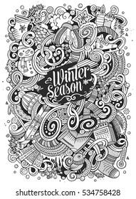 Cartoon cute doodles hand drawn Winter season illustration. Line art detailed, with lots of objects background. Funny vector artwork