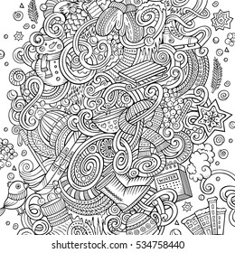Cartoon cute doodles hand drawn Winter season illustration. Line art detailed, with lots of objects background. Funny vector artwork
