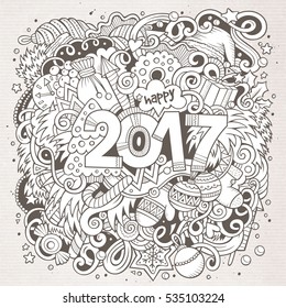 Cartoon cute doodles hand drawn New Year illustration. Picture with New Year theme items. Doodle inscription 2017. Line art detailed, with lots of objects background. Funny vector artwork.