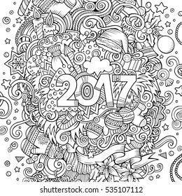 Cartoon cute doodles hand drawn New Year illustration. Picture with New Year theme items. Doodle inscription 2017. Line art detailed, with lots of objects background. Funny vector artwork.