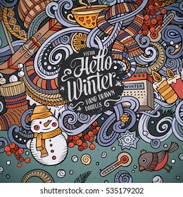 Cartoon cute doodles hand drawn Winter season frame design. Colorful detailed, with lots of objects background. Funny vector illustration
