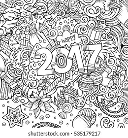 Cartoon cute doodles hand drawn New Year illustration. Picture with New Year theme items. Doodle inscription 2017. Line art detailed, with lots of objects background. Funny vector artwork.