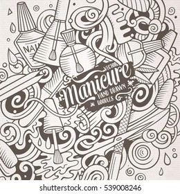 Cartoon cute doodles hand drawn Nail salon illustration. Sketchy detailed, with lots of objects background. Funny vector artwork. Line art picture with Manicure theme items