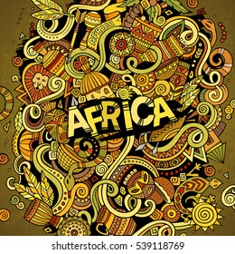 Cartoon cute doodles hand drawn Africa illustration. Colorful detailed, with lots of objects background. Funny vector artwork. Bright colors picture with african theme items