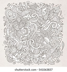 Cartoon cute doodles hand drawn Africa illustration. Line art detailed, with lots of objects background. Funny vector artwork. Contour picture with african theme items
