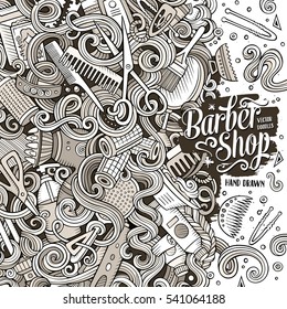 Cartoon cute doodles hand drawn Hair salon frame design. Line art detailed, with lots of objects background. Funny vector illustration. Sketchy border with Barber shop items