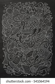 Cartoon cute doodles hand drawn Mexican food illustration. Line art detailed, with lots of objects background. Funny vector artwork. chalkboard picture with Mexico cuisine theme items