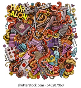 Cartoon cute doodles hand drawn Hair salon illustration. Colorful detailed, with lots of objects background. Funny vector artwork. Bright colors picture with barber shop items