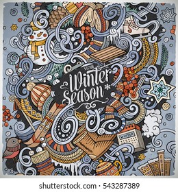 Cartoon cute doodles hand drawn Winter season illustration. Colorful detailed, with lots of objects background. Funny vector artwork. Bright colors picture