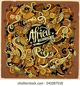 Cartoon cute doodles hand drawn Africa illustration. Colorful detailed, with lots of objects background. Funny vector artwork. Bright colors picture with african theme items