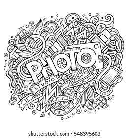 Cartoon cute doodles hand drawn Photo inscription. Sketchy illustration with photography theme items. Line art detailed, with lots of objects background. Funny vector artwork