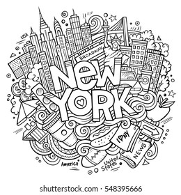 Caricatura adorables garabatos dibujados a mano en Nueva York. Dibujo ilustrativo con temas americanos. Arte de línea detallado, con muchos objetos de fondo. Graciosa ilustración vectorial Vector de stock