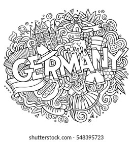 Cartoon cute doodles hand drawn Germany inscription. Line art detailed, with lots of objects background. Funny vector artwork